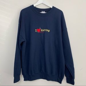 I Love Knitting Emboridered Sweatshirt Crewneck Pullover Navy Grandma XL